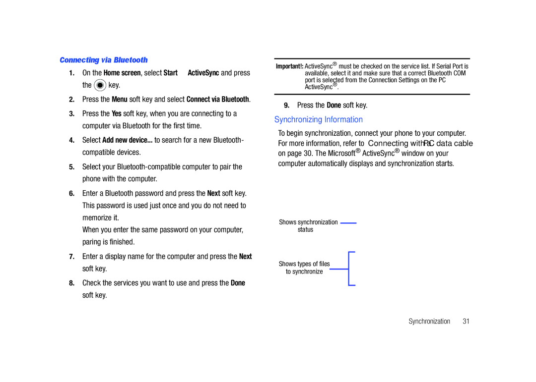 Sharp SGH-I627 user manual Synchronizing Information, Connecting via Bluetooth, Key 