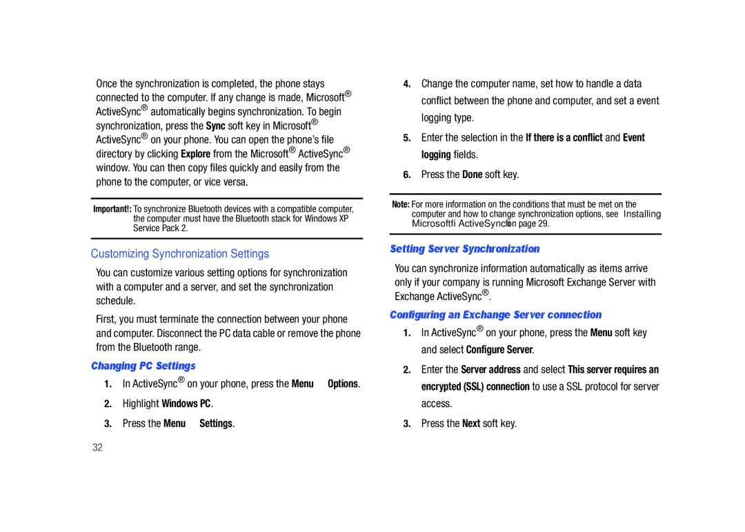 Sharp SGH-I627 user manual Customizing Synchronization Settings, Changing PC Settings, Press the Menu Settings 