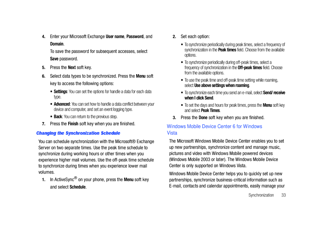 Sharp SGH-I627 user manual Windows Mobile Device Center 6 for Windows Vista, Changing the Synchronization Schedule 