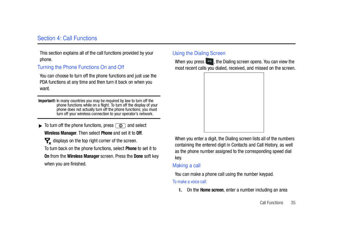 Sharp SGH-I627 user manual Call Functions, Turning the Phone Functions On and Off, Using the Dialing Screen, Making a call 