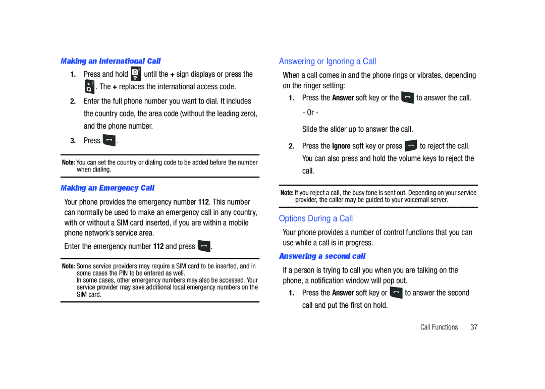 Sharp SGH-I627 Answering or Ignoring a Call, Options During a Call, Making an International Call, Making an Emergency Call 