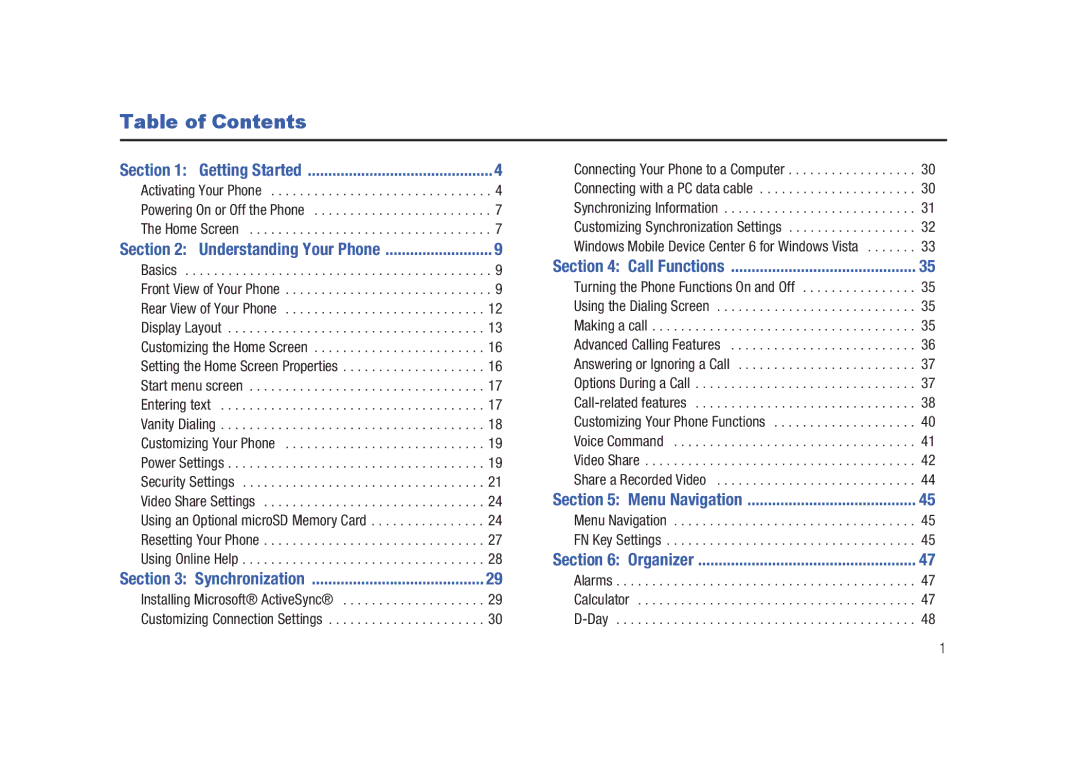 Sharp SGH-I627 user manual Table of Contents 