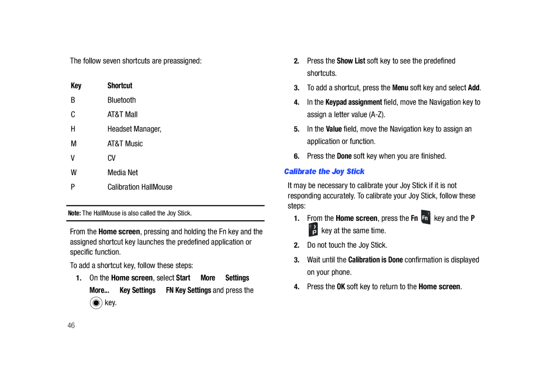 Sharp SGH-I627 user manual Key Shortcut, Calibrate the Joy Stick 