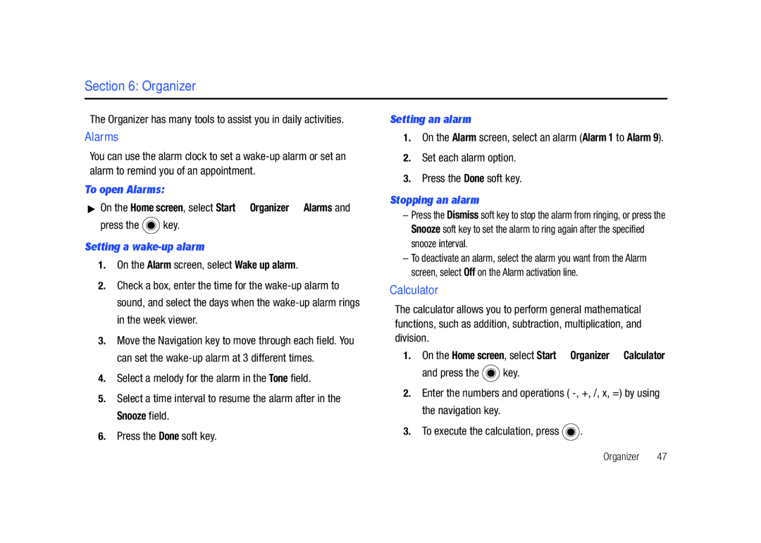 Sharp SGH-I627 user manual Organizer, Alarms, Calculator 