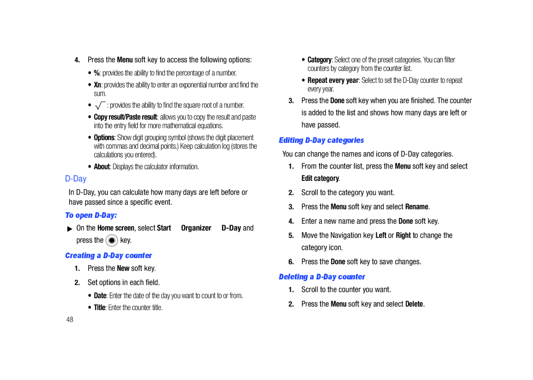 Sharp SGH-I627 user manual To open D-Day, Creating a D-Day counter, Editing D-Day categories, Deleting a D-Day counter 