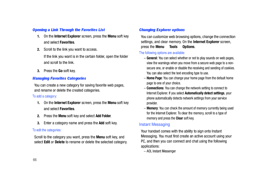 Sharp SGH-I627 user manual Instant Messaging, Opening a Link Through the Favorites List, Managing Favorites Categories 