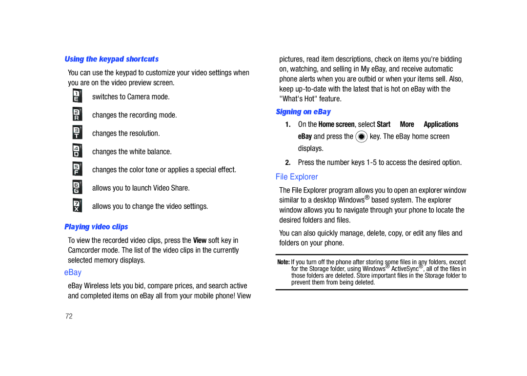 Sharp SGH-I627 user manual EBay, File Explorer, Playing video clips, Signing on eBay 