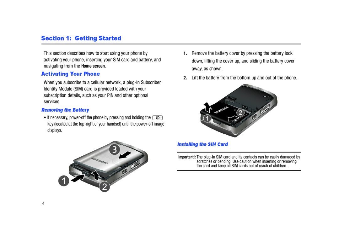 Sharp SGH-I627 user manual Getting Started, Activating Your Phone, Removing the Battery, Installing the SIM Card 