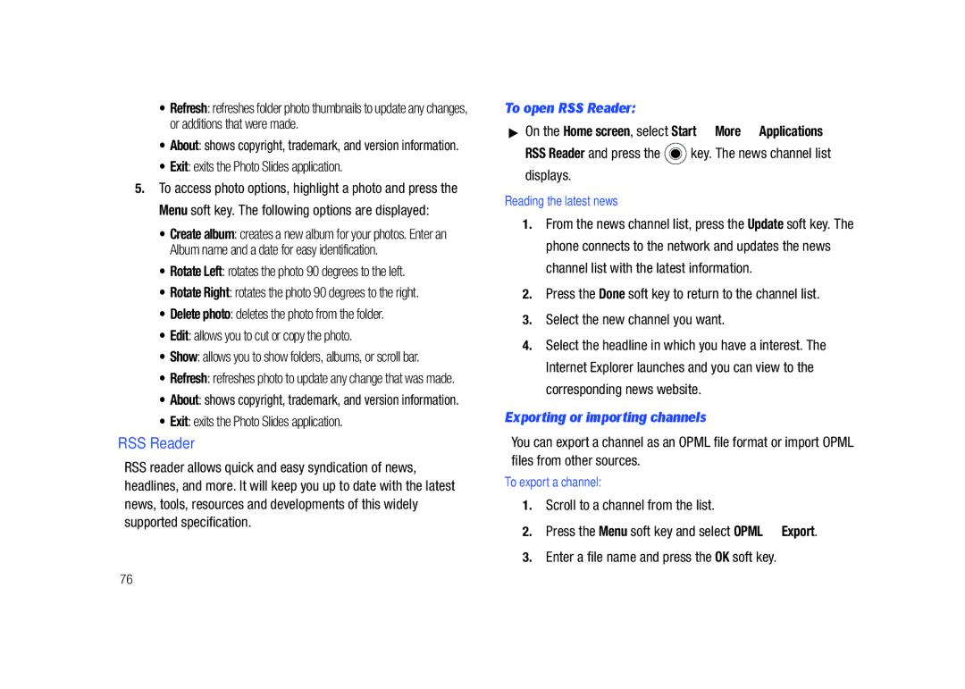 Sharp SGH-I627 user manual To open RSS Reader, Exporting or importing channels 