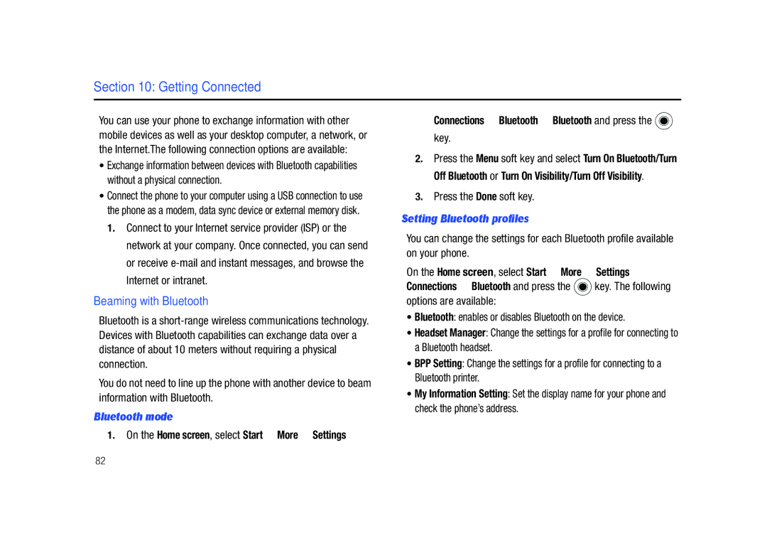 Sharp SGH-I627 user manual Getting Connected, Beaming with Bluetooth, Bluetooth mode, Setting Bluetooth profiles 