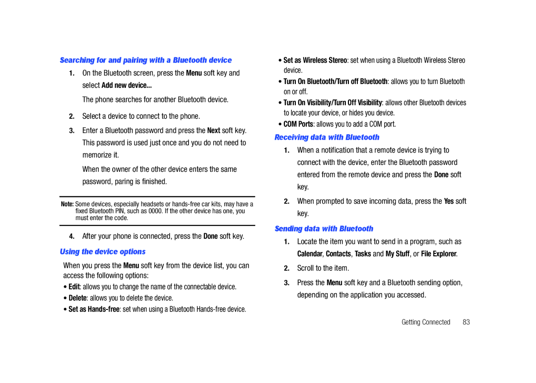 Sharp SGH-I627 user manual Using the device options, Receiving data with Bluetooth, Sending data with Bluetooth 