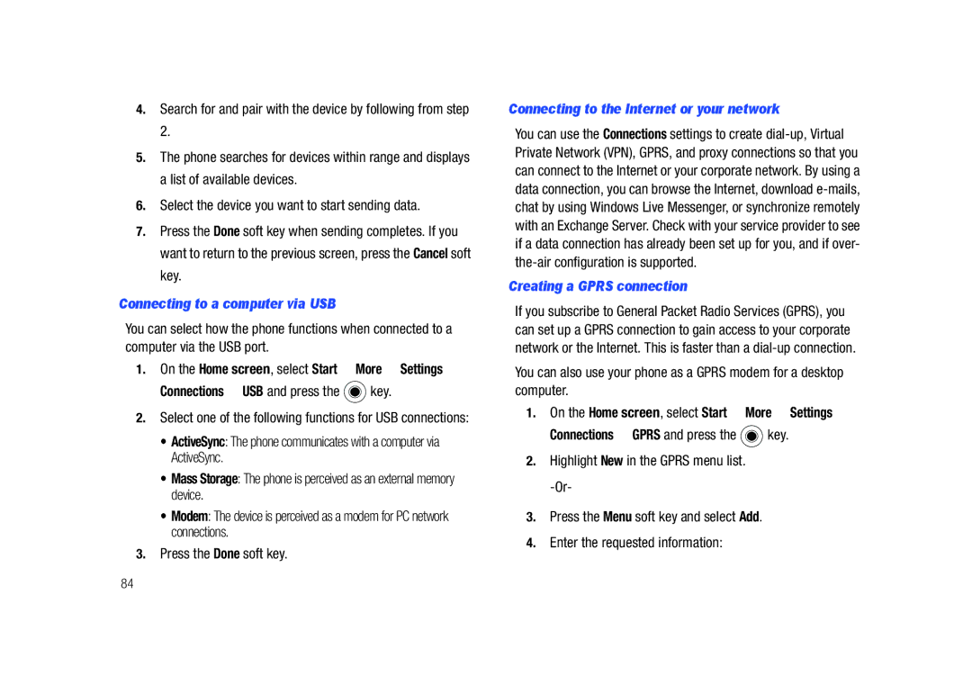 Sharp SGH-I627 user manual Connecting to a computer via USB, Connections USB and press the key, Creating a Gprs connection 