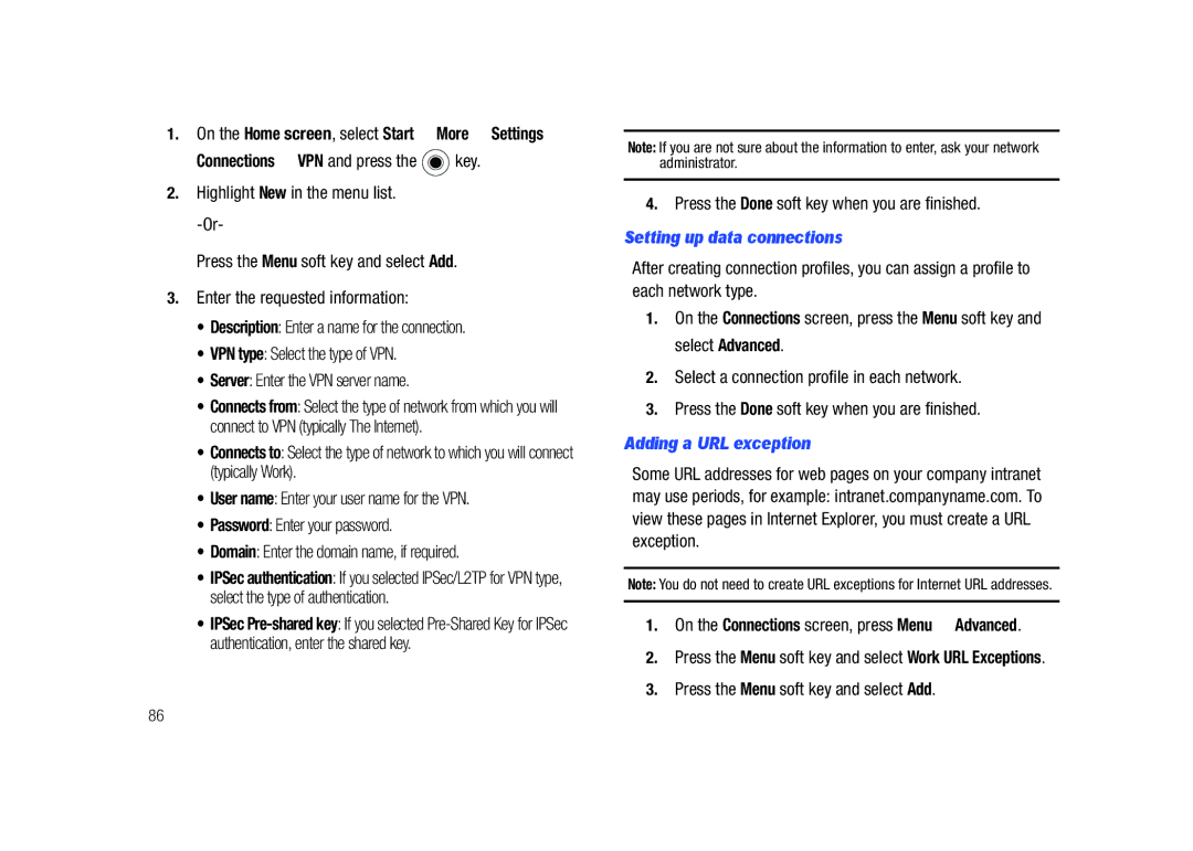 Sharp SGH-I627 user manual Setting up data connections, Adding a URL exception 