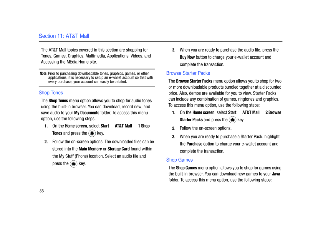 Sharp SGH-I627 user manual AT&T Mall, Shop Tones, Browse Starter Packs, Shop Games, Tones and press the key 