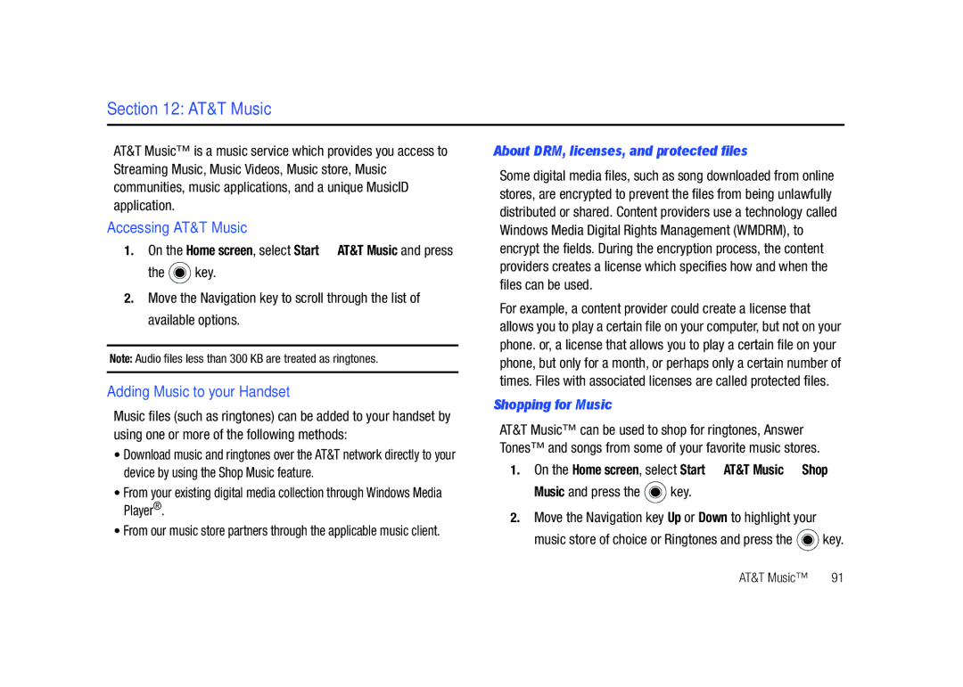 Sharp SGH-I627 user manual Accessing AT&T Music, Adding Music to your Handset, About DRM, licenses, and protected files 