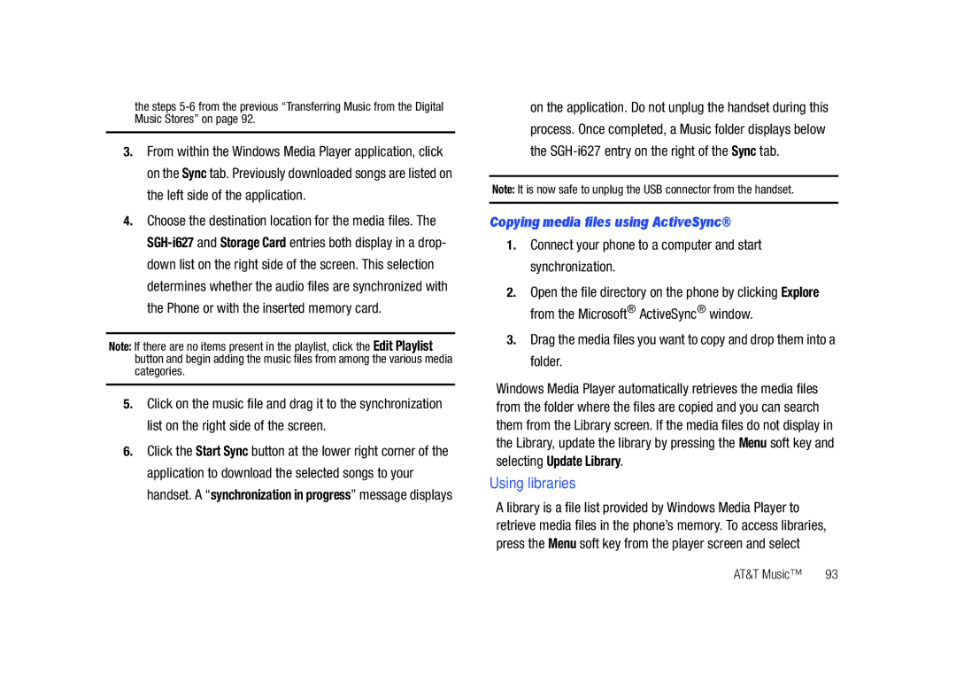 Sharp SGH-I627 user manual Using libraries, Copying media files using ActiveSync 