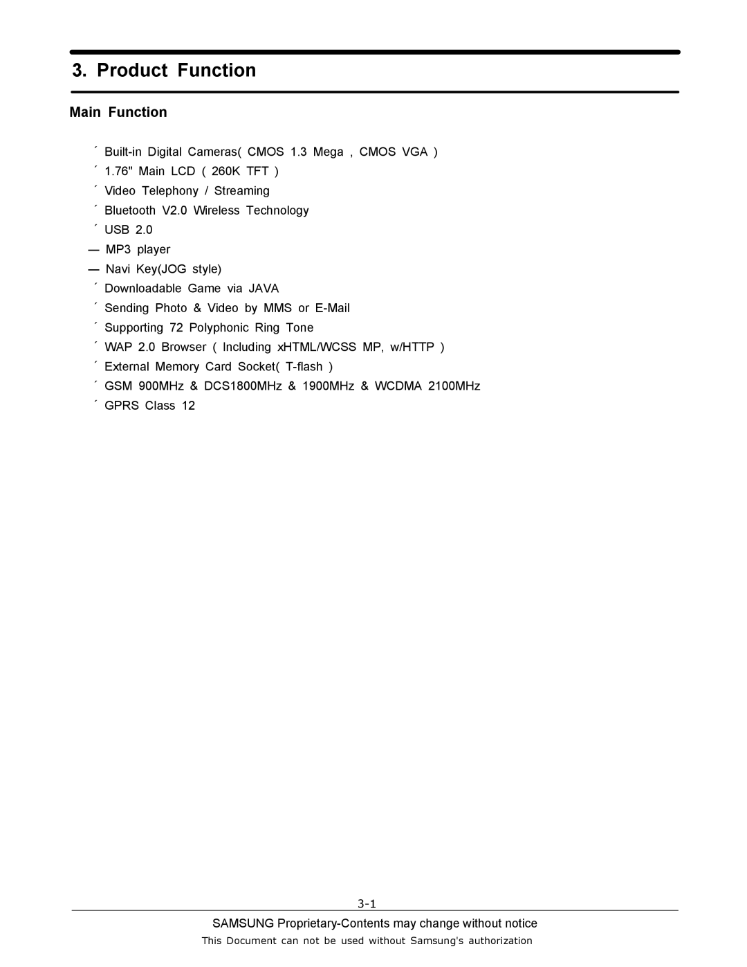 Sharp SGH-J200 manual Product Function, Main Function 