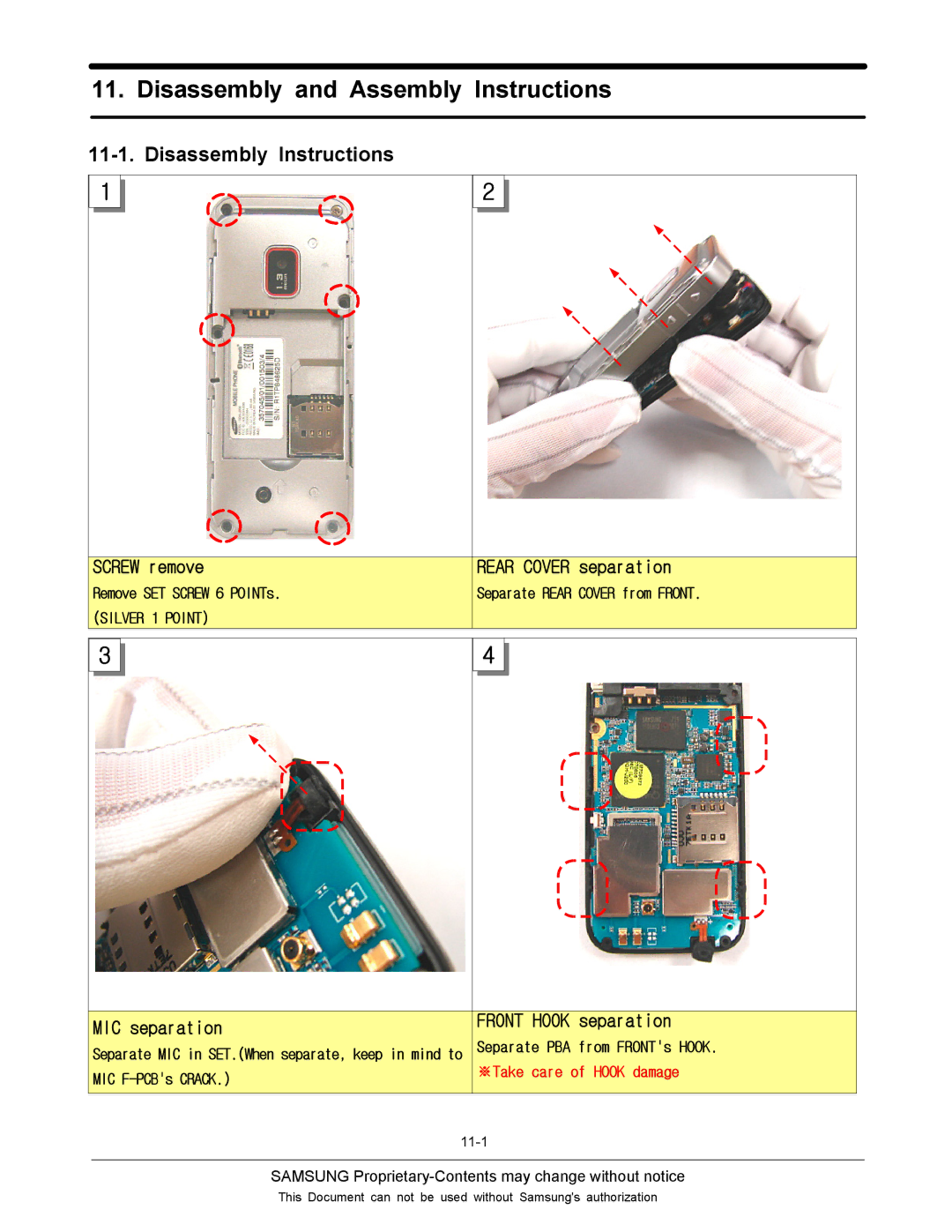 Sharp SGH-J200 manual Disassembly and Assembly Instructions, Screw remove, Rear Cover separation, MIC separation 