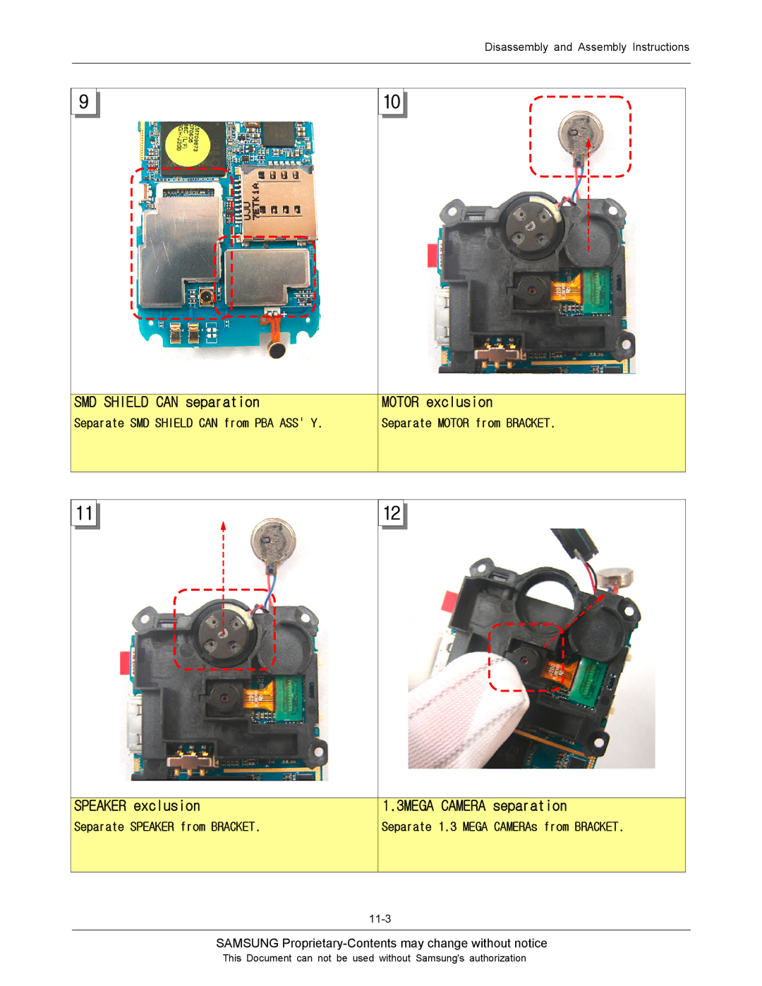 Sharp SGH-J200 manual SMD Shield can separation, Motor exclusion, Speaker exclusion, 3MEGA Camera separation 