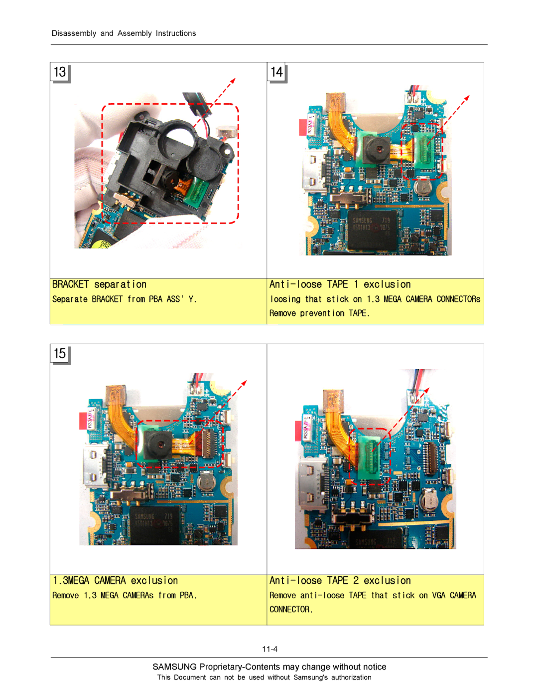 Sharp SGH-J200 manual Bracket separation, Anti-loose Tape 1 exclusion, 3MEGA Camera exclusion, Anti-loose Tape 2 exclusion 