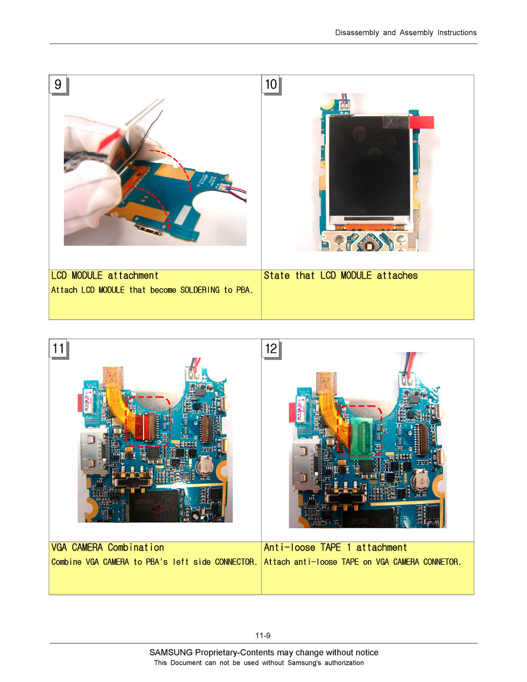 Sharp SGH-J200 LCD Module attachment, State that LCD Module attaches VGA Camera Combination, Anti-loose Tape 1 attachment 