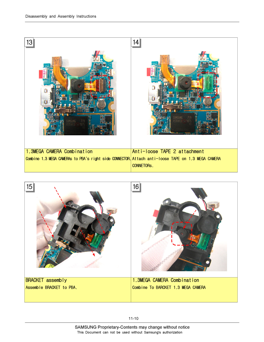 Sharp SGH-J200 manual 3MEGA Camera Combination Anti-loose Tape 2 attachment, Bracket assembly, Assemble Bracket to PBA 