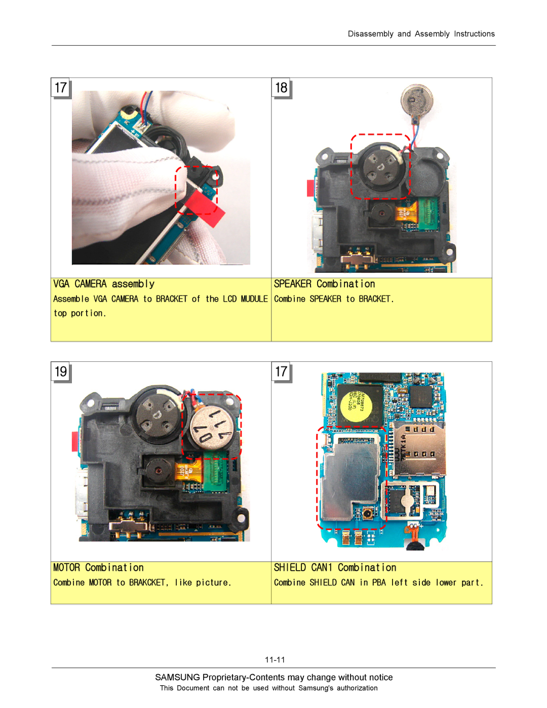 Sharp SGH-J200 manual VGA Camera assembly, Speaker Combination, Motor Combination, Shield CAN1 Combination 