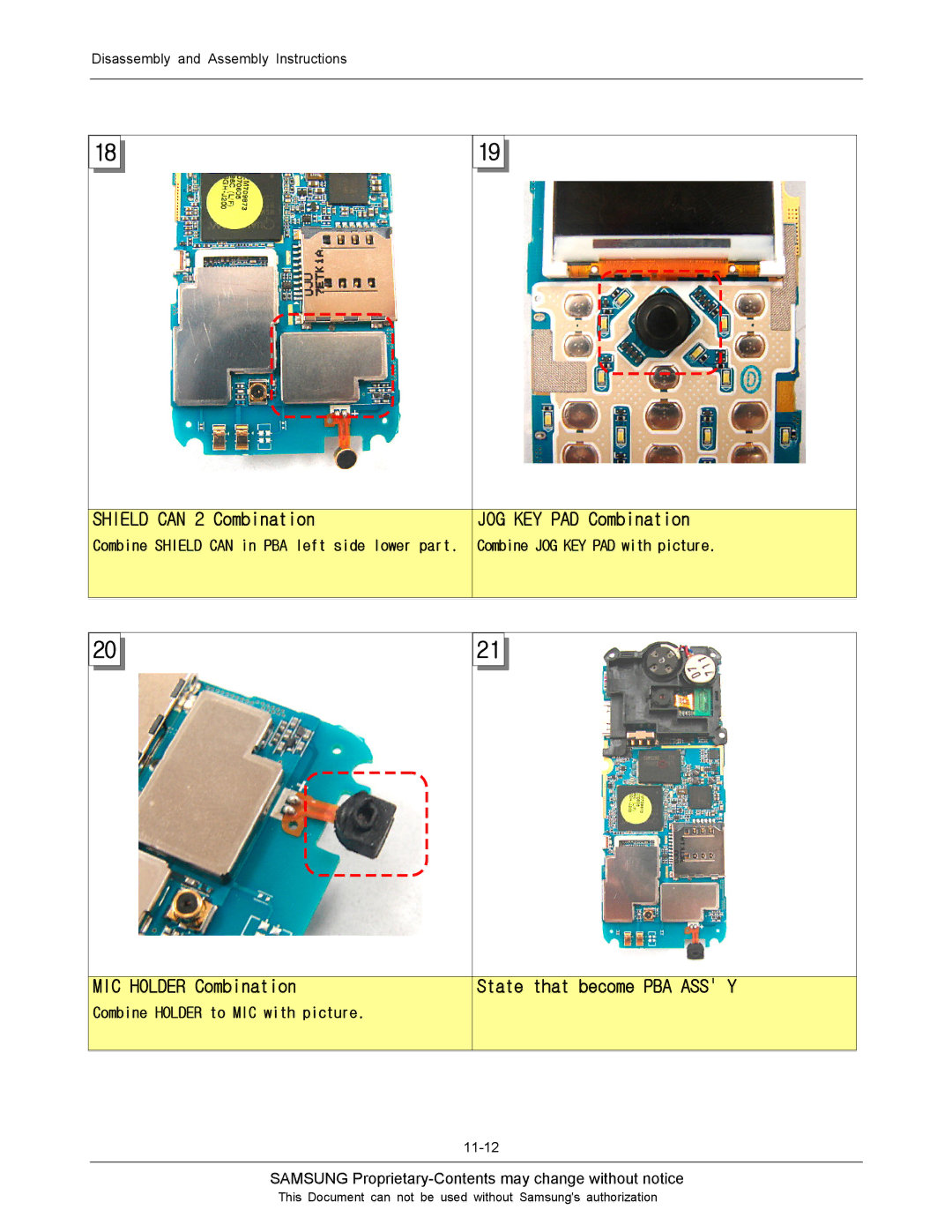 Sharp SGH-J200 Shield can 2 Combination, JOG KEY PAD Combination, MIC Holder Combination, State that become PBA ASS Y 