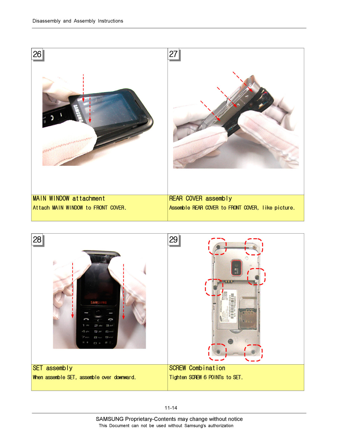 Sharp SGH-J200 manual Main Window attachment, Rear Cover assembly, SET assembly, Screw Combination 