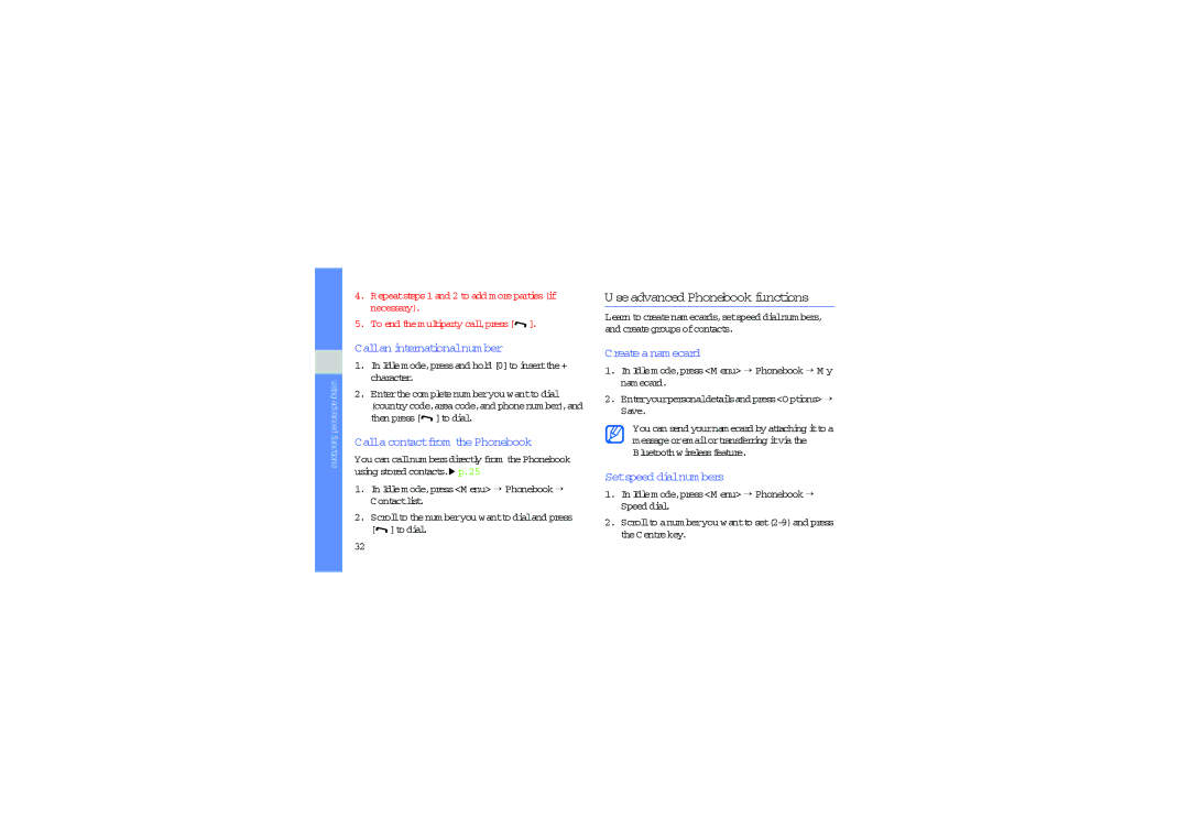 Sharp SGH-J700V manual Useadvanced Phonebook functions, Callan internationalnum ber, Callacontactfrom thePhonebook 