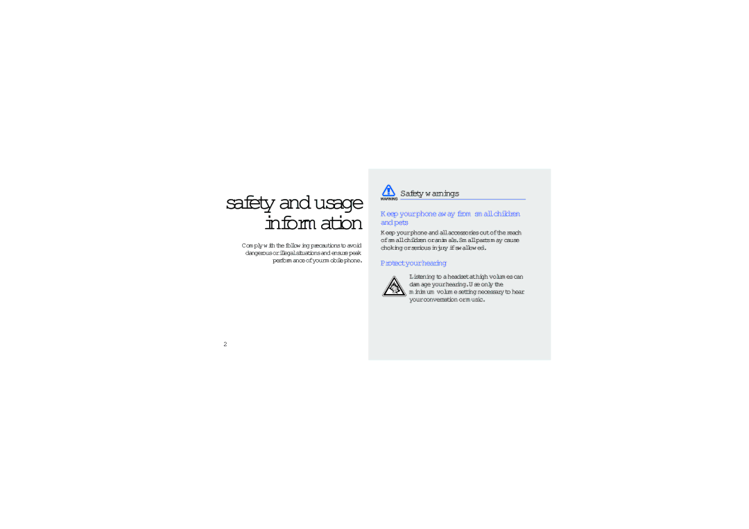 Sharp SGH-J700V manual Safety warnings, Keep yourphoneaway from sm allchildren and pets, Protectyourhearing 