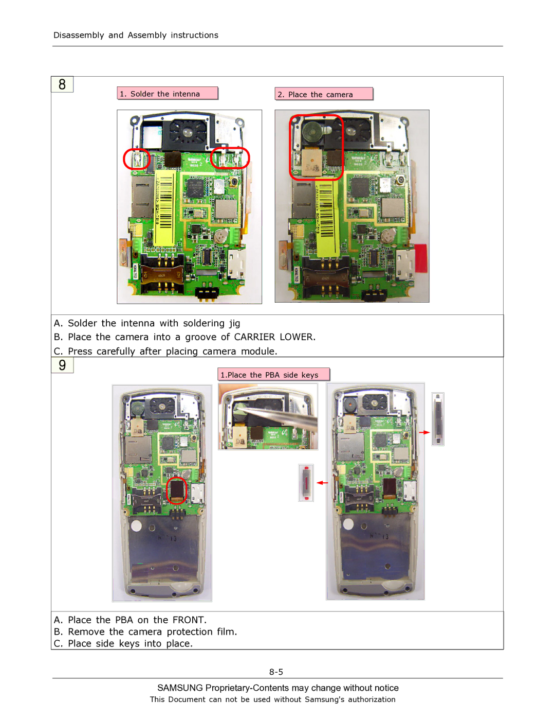 Sharp SGH-T519 manual Solder the intenna Place the camera 