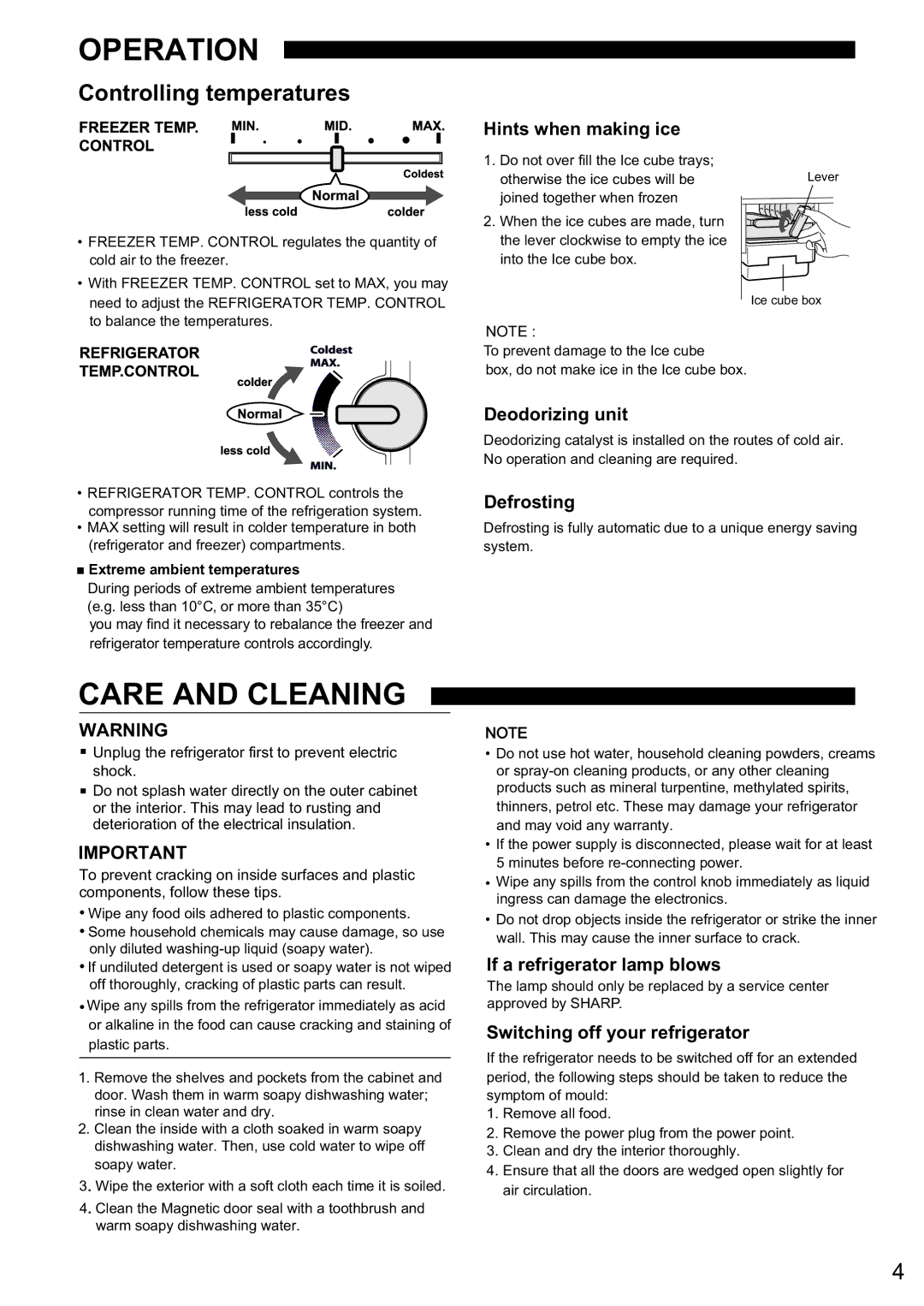 Sharp SJ-308V, SJ-244V, SJ-339V operation manual Operation, Care and Cleaning 