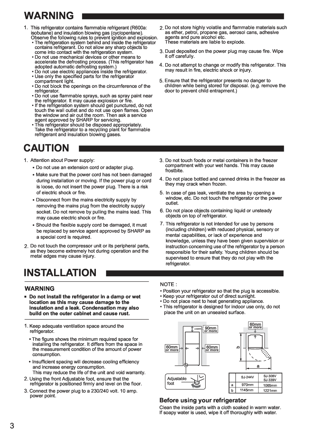 Sharp SJ-339V, SJ-244V, SJ-308V operation manual Installation, Before using your refrigerator 