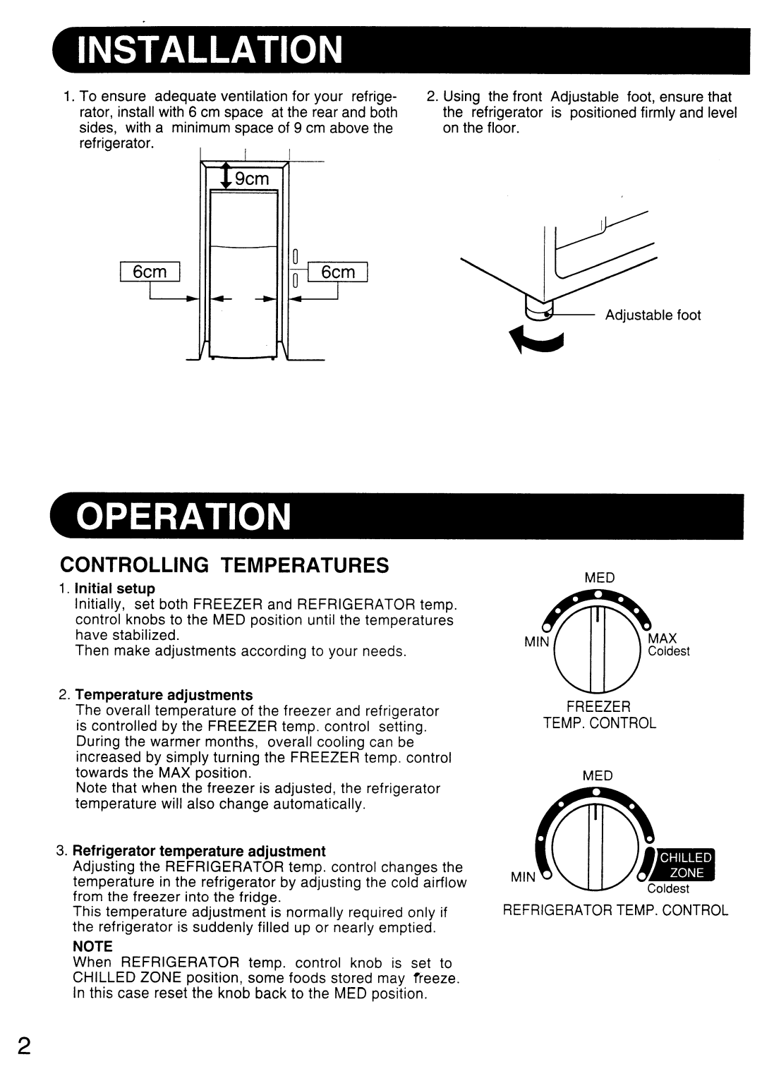 Sharp SJ-24G Controlling Temperatures, Initial setup, Temperature adjustments, Refrigerator temperature adjustment 