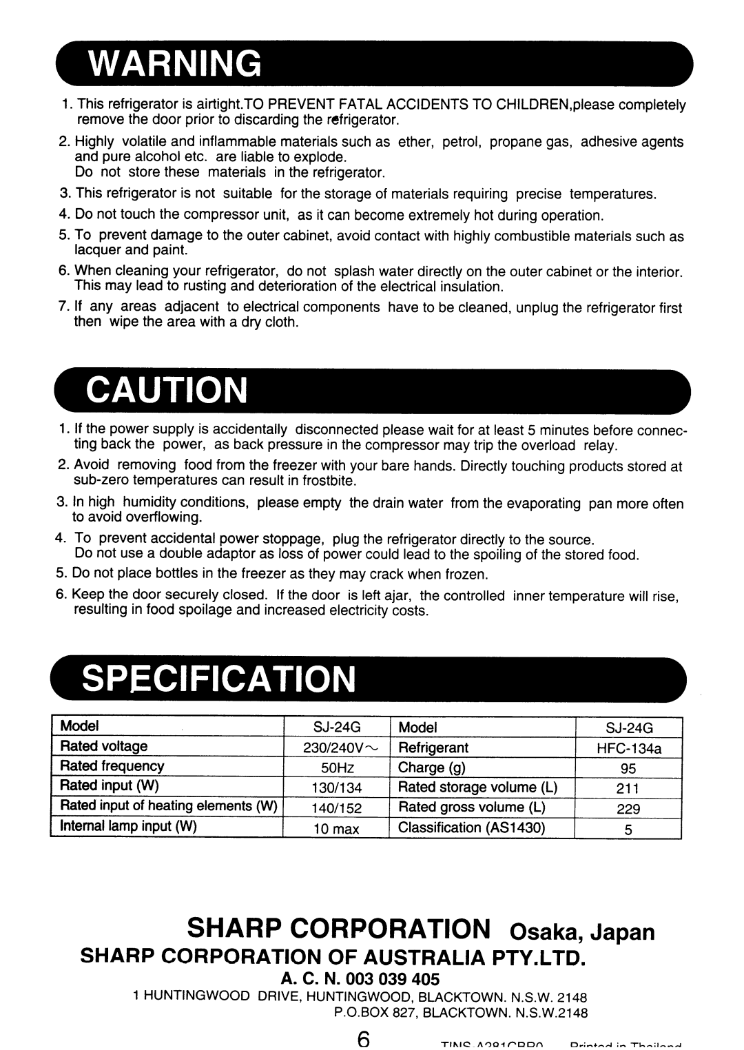 Sharp SJ-24G operation manual Sharp Corporation Osaka, Japan 