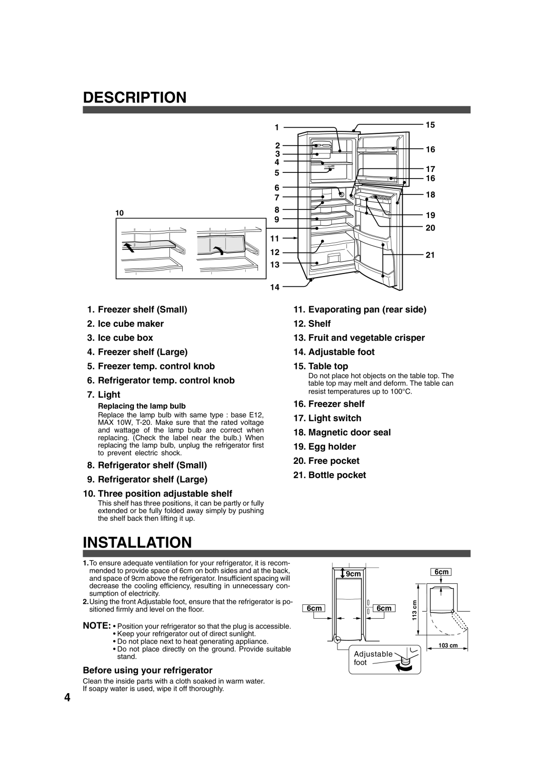 Sharp SJ-25P operation manual Description, Installation, Before using your refrigerator 