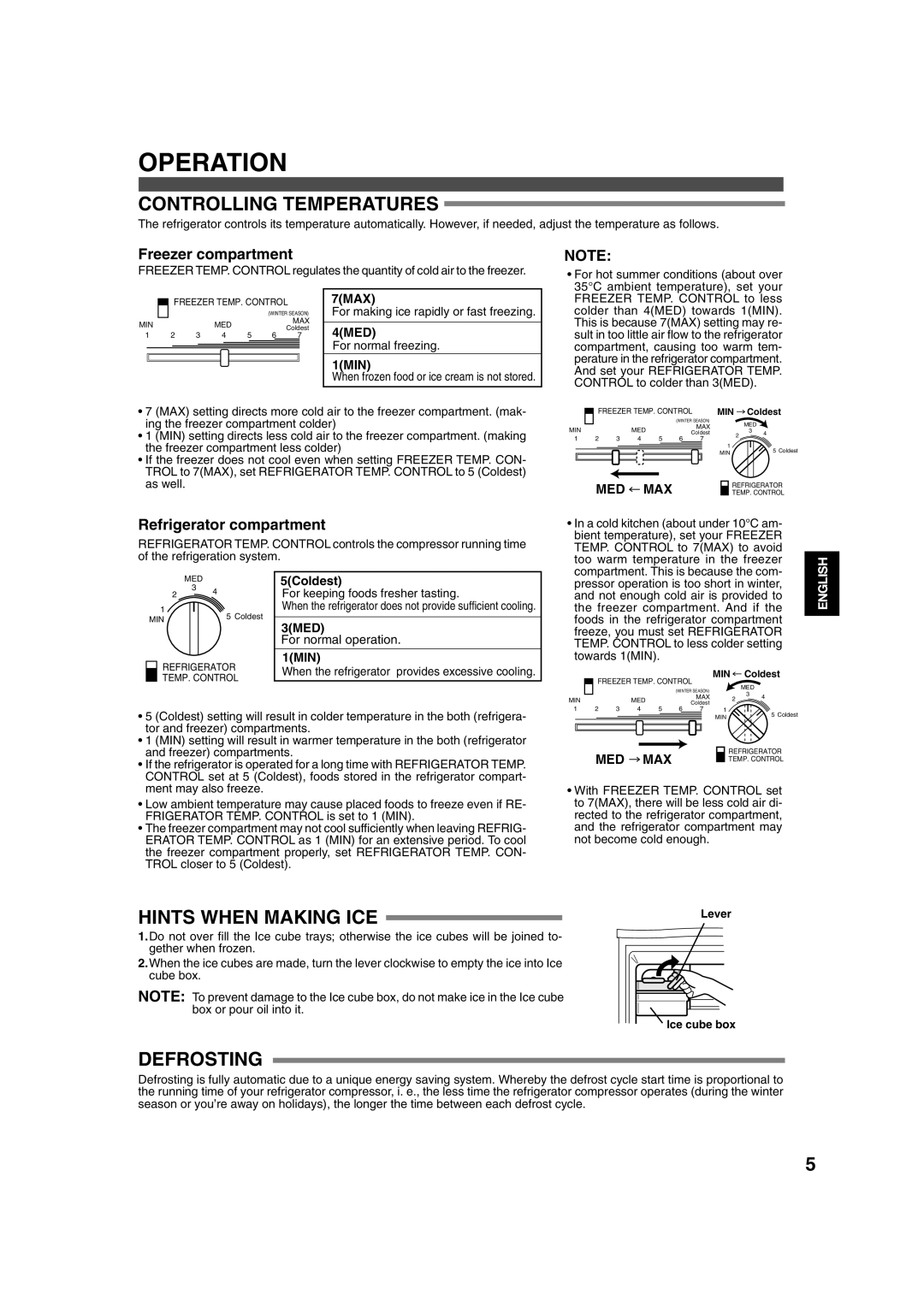 Sharp SJ-25P operation manual Operation, Freezer compartment, Refrigerator compartment 