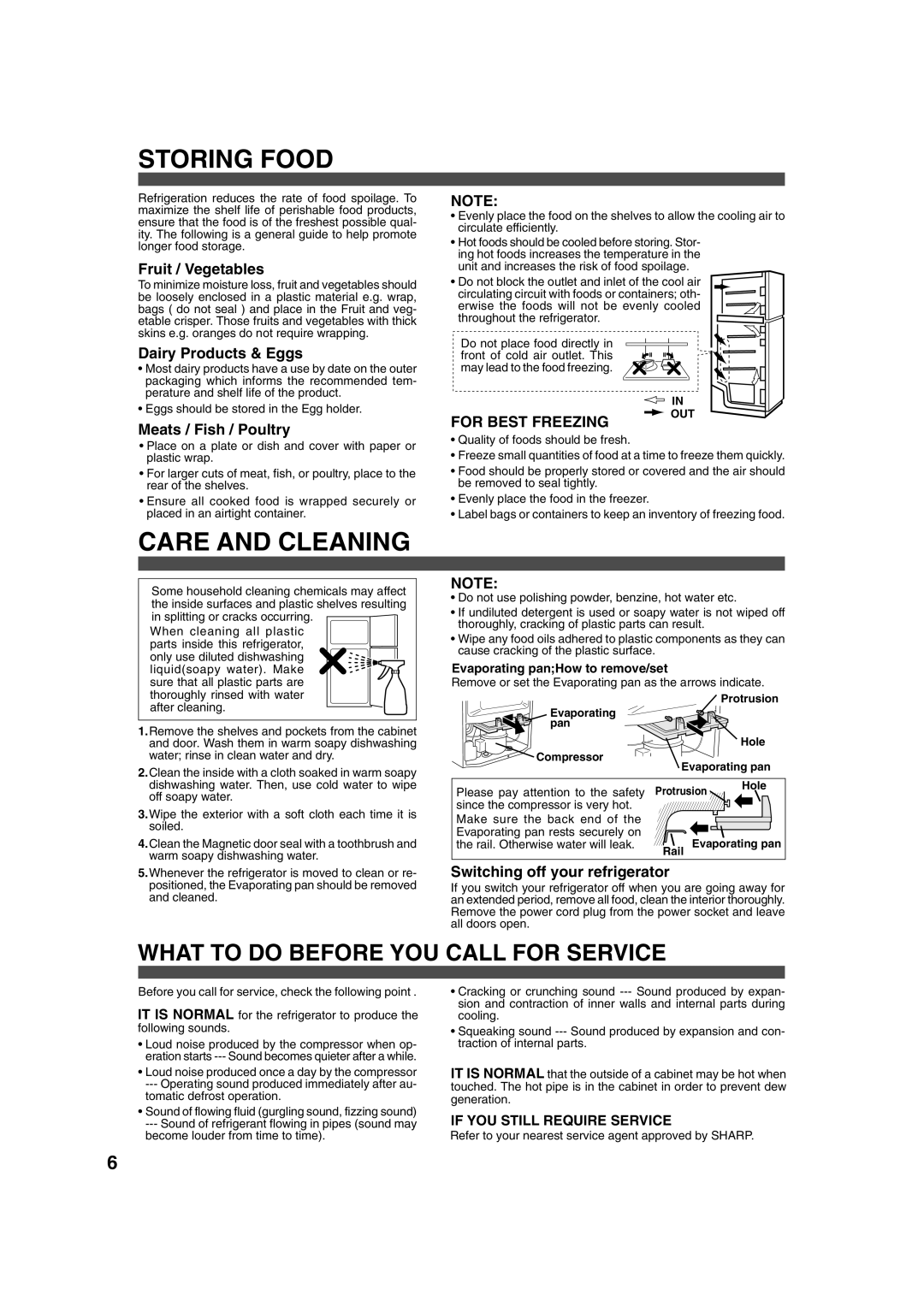 Sharp SJ-25P operation manual Storing Food, Care and Cleaning 