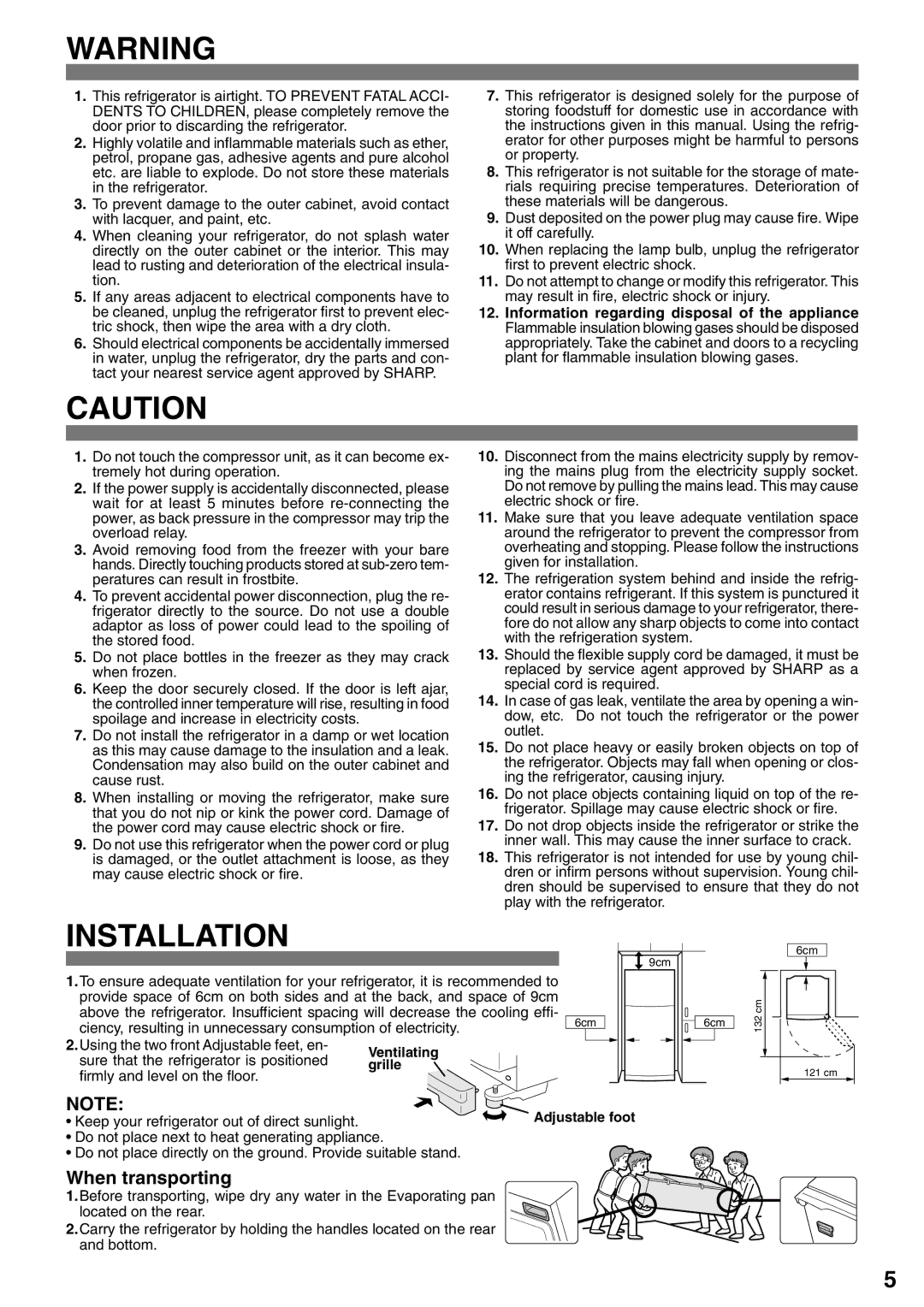 Sharp SJ-47L-A2, SJ-43L-A2 operation manual Installation, When transporting, Keep your refrigerator out of direct sunlight 