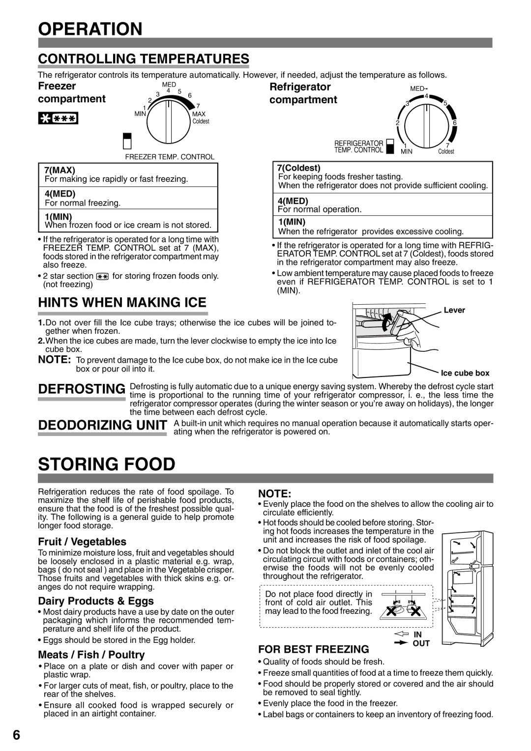 Sharp SJ-43L-A2, SJ-47L-A2 operation manual Operation, Storing Food 