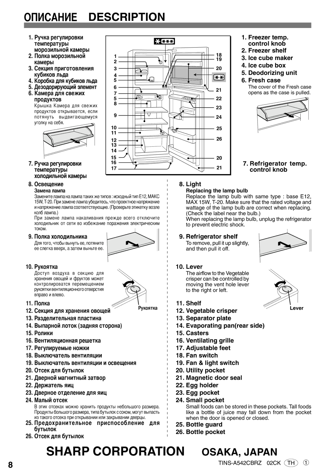 Sharp SJ-43L-A2, SJ-47L-A2 operation manual Description, Replacing the lamp bulb 