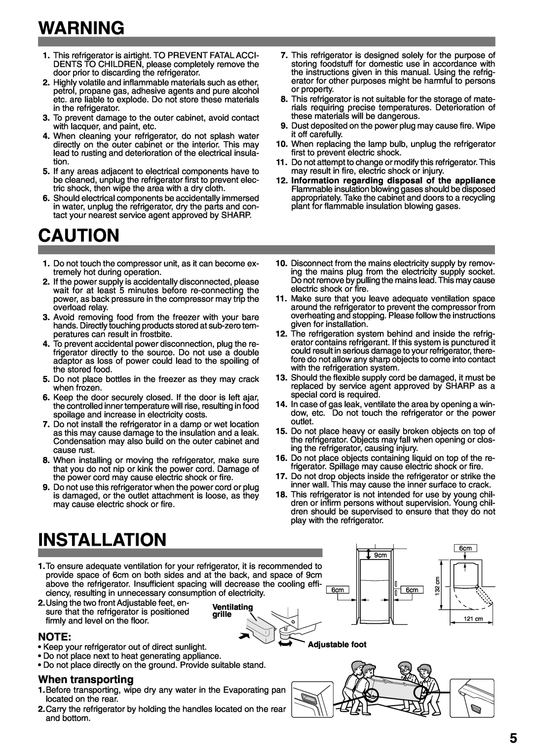 Sharp SJ-47L-A2, SJ-43L-A2 operation manual Installation, When transporting, Keep your refrigerator out of direct sunlight 