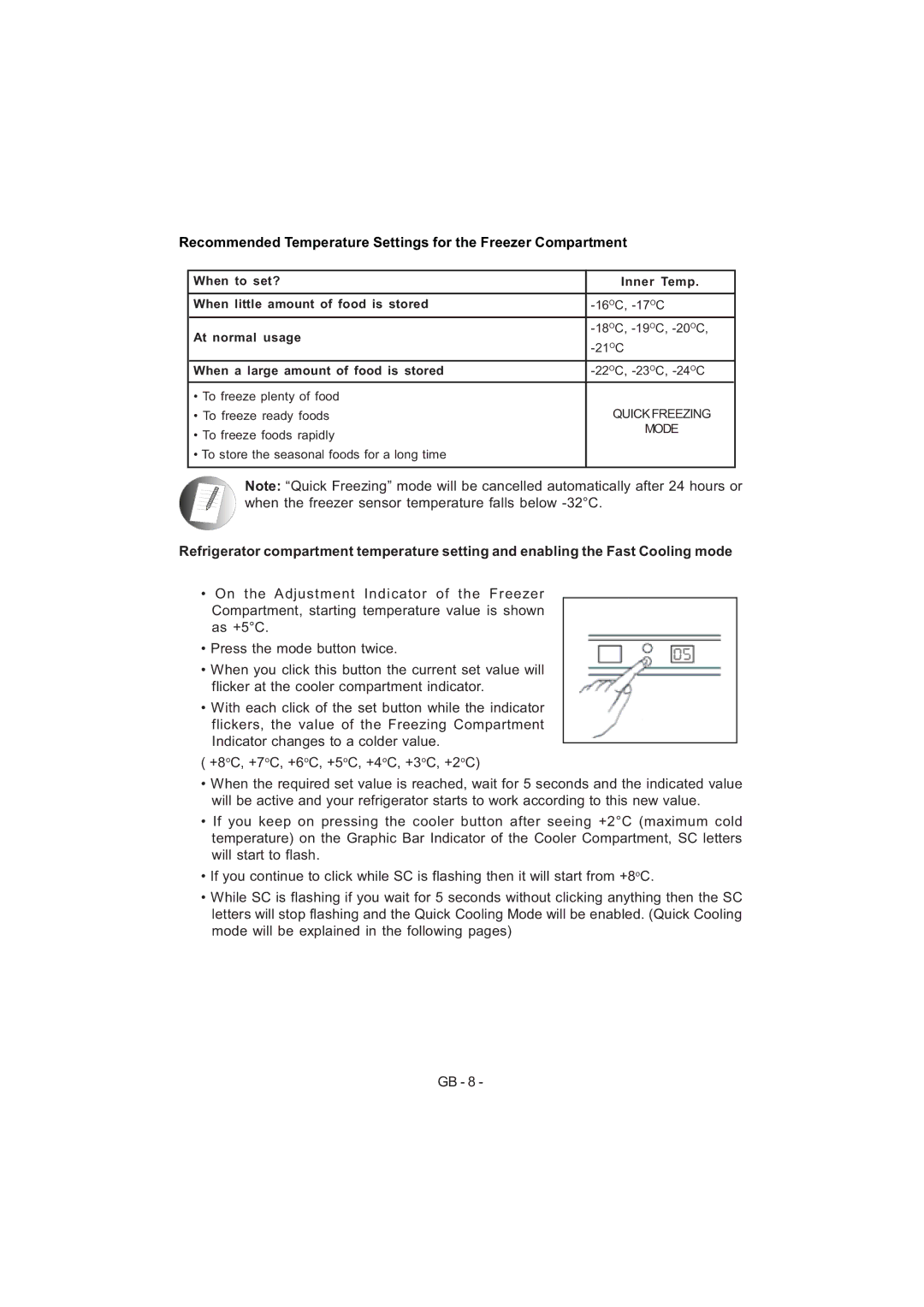 Sharp SJ-F320V operation manual Recommended Temperature Settings for the Freezer Compartment 