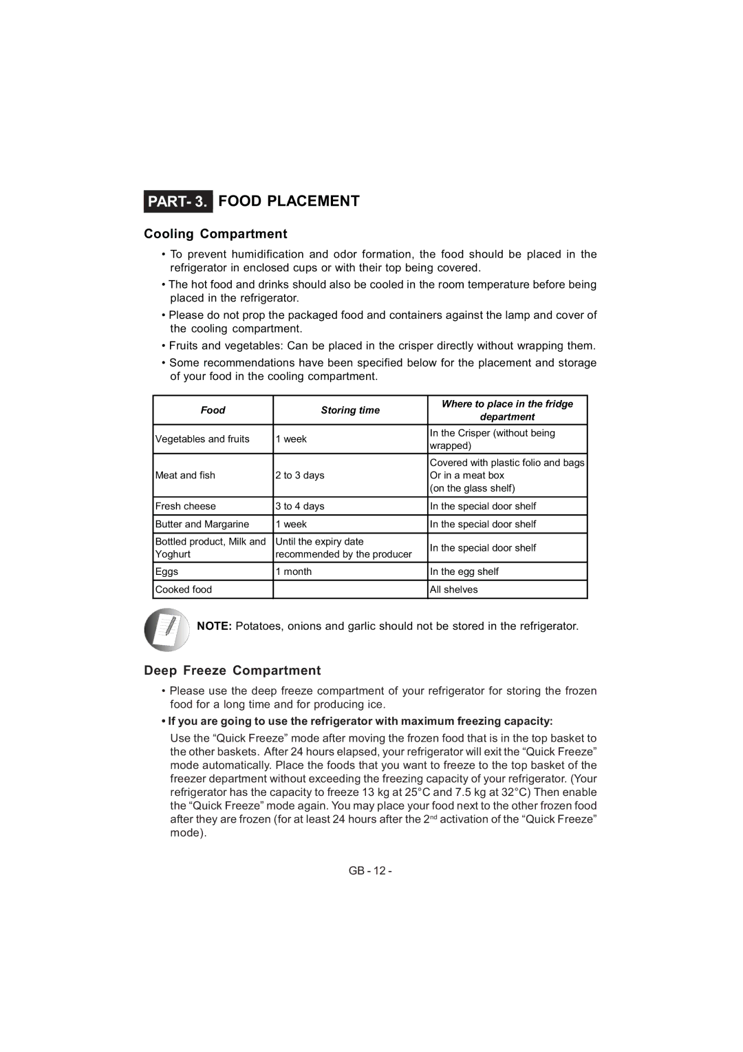 Sharp SJ-F320V operation manual PART- 3. Food Placement, Deep Freeze Compartment 