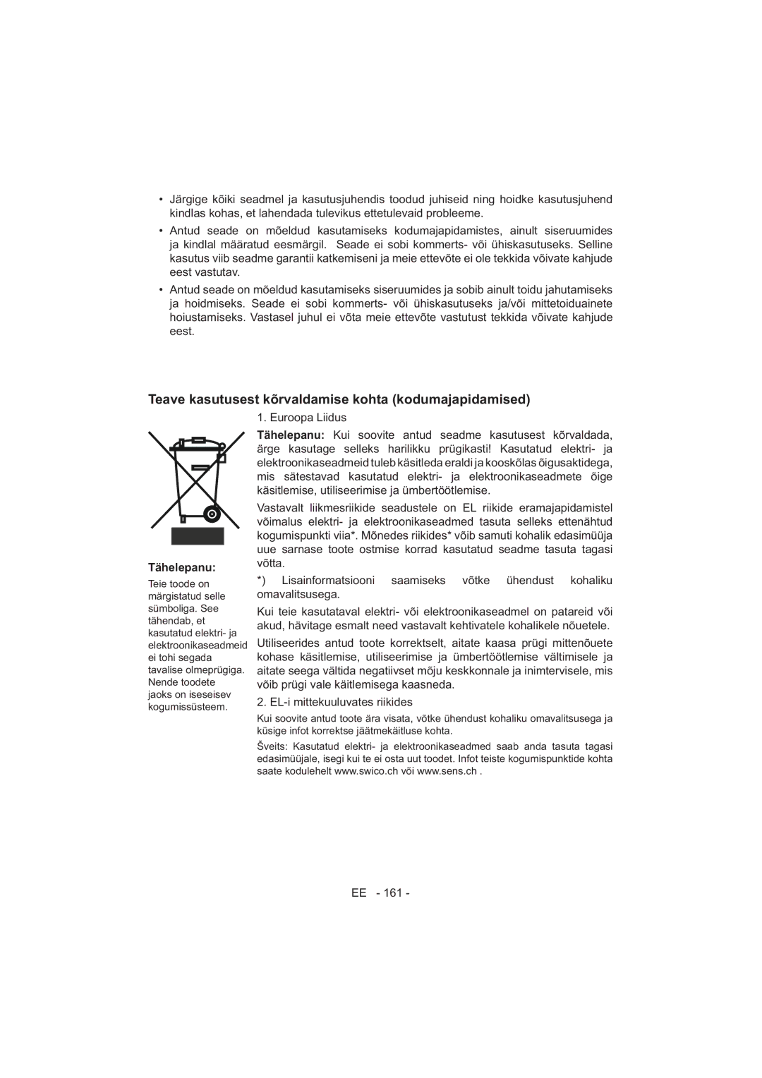 Sharp SJ-F320V operation manual Teave kasutusest kõrvaldamise kohta kodumajapidamised, Tähelepanu 