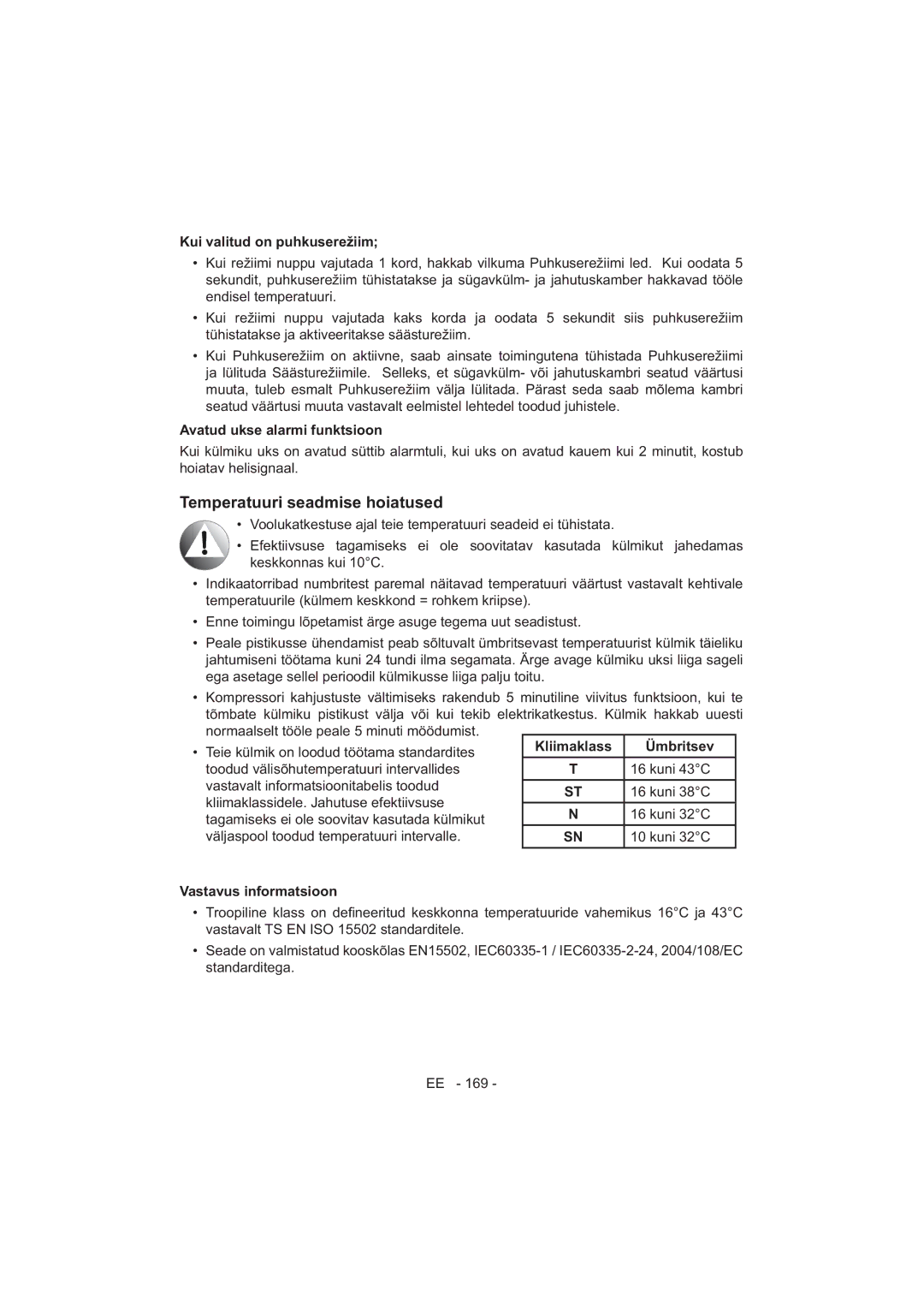 Sharp SJ-F320V operation manual Temperatuuri seadmise hoiatused, Avatud ukse alarmi funktsioon, Kliimaklass Ümbritsev 