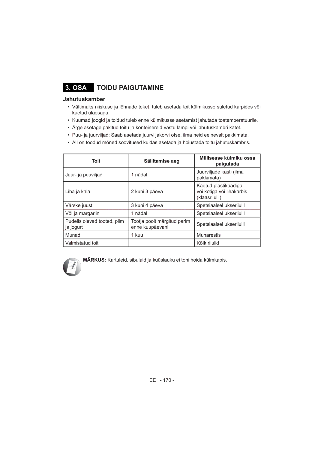 Sharp SJ-F320V operation manual Jahutuskamber, Toit Säilitamise aeg Millisesse külmiku ossa Paigutada 