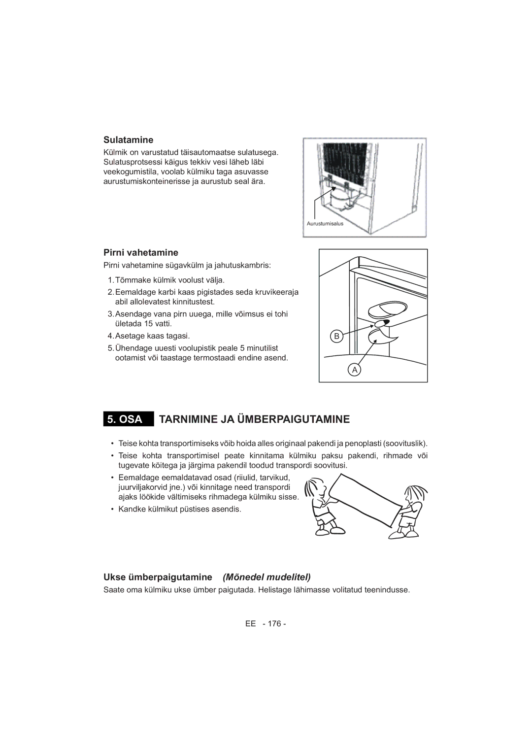 Sharp SJ-F320V operation manual Sulatamine, Pirni vahetamine, Ukse ümberpaigutamine Mõnedel mudelitel 