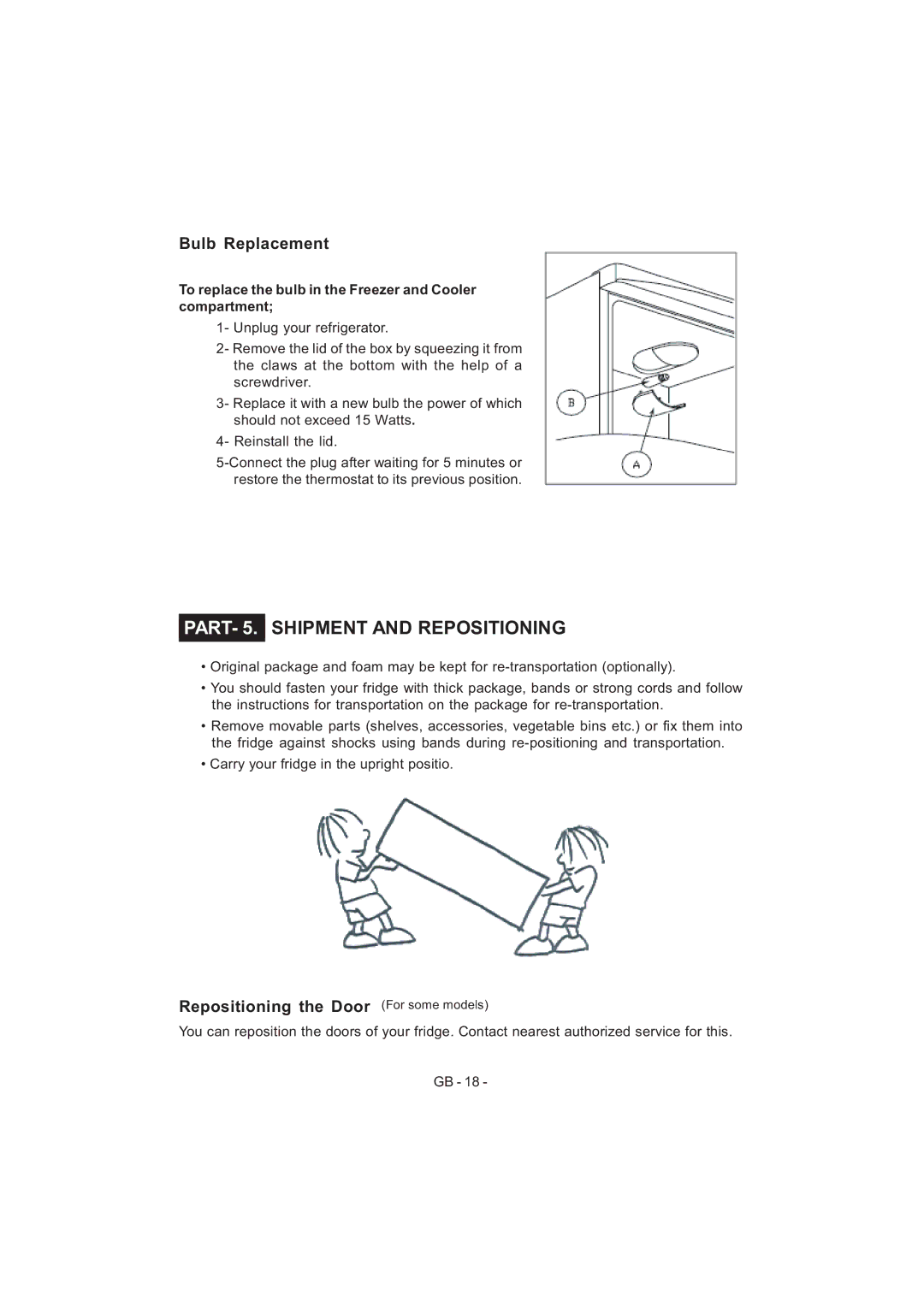 Sharp SJ-F320V operation manual Bulb Replacement, Repositioning the Door For some models 